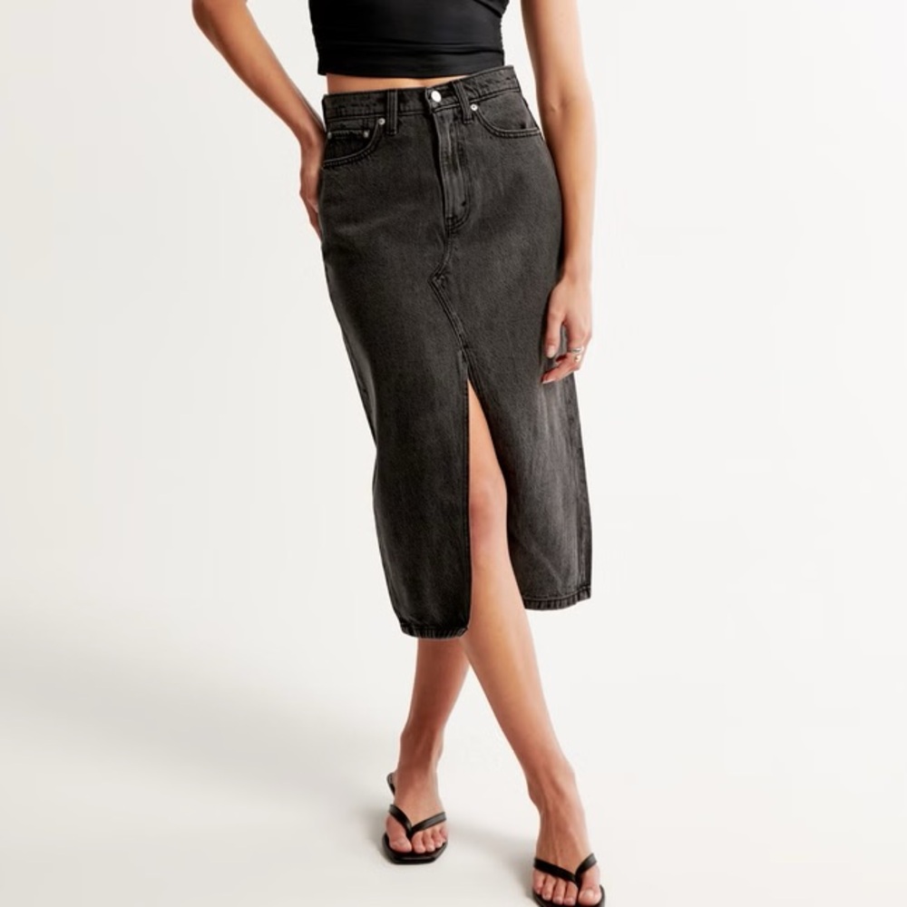 Abercrombie & Fitch Black Midi Denim Skirt with Front Slit